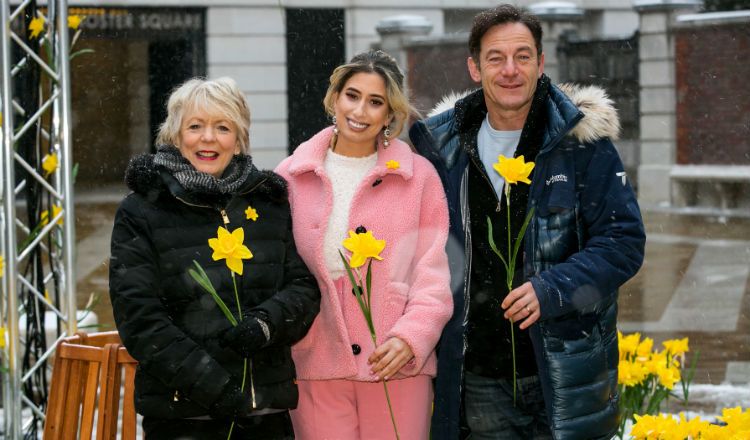 Celebrities Alison Steadman, Stacey Solomon and Jason Isaacs are wearing daffodil pins to show their support.