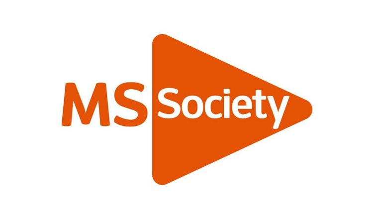 MS Society logo in deep orange with an orange chevron pointing to the right