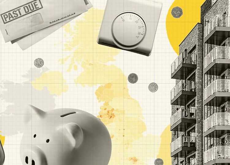 A collage graphic of an apartment building, piggy bank, thermostat and energy bill