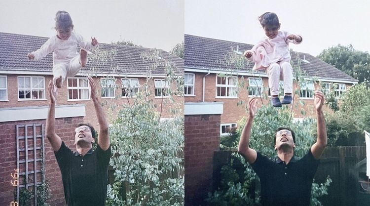 A younger Harmi throws his young daughters up in the air
